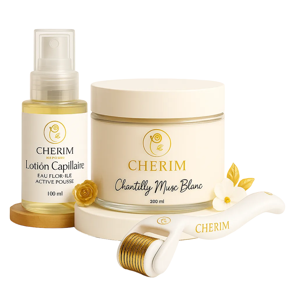 trio complet booster de pousse by CHERIM BEAUTY chantilly beurre de karité dermaroller lotion capillaire