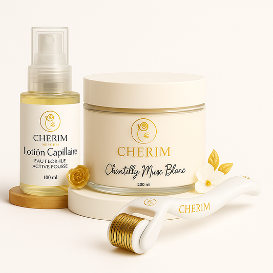 trio complet booster de pousse by CHERIM BEAUTY chantilly beurre de karité dermaroller lotion capillaire